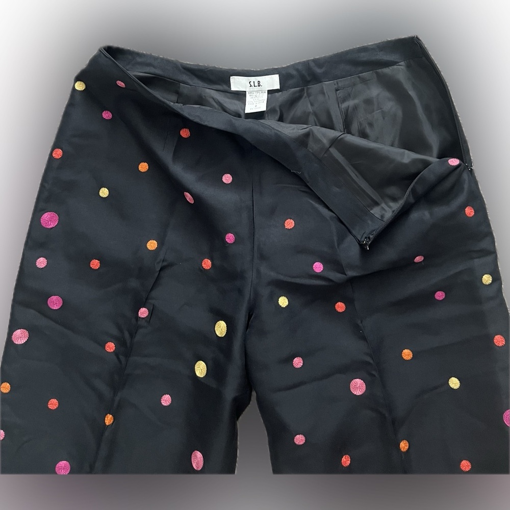 VINTAGE 100% Silk Multicolor Polka Dot Black Pants By S.L.B. Size 8. - Picture 7 of 14